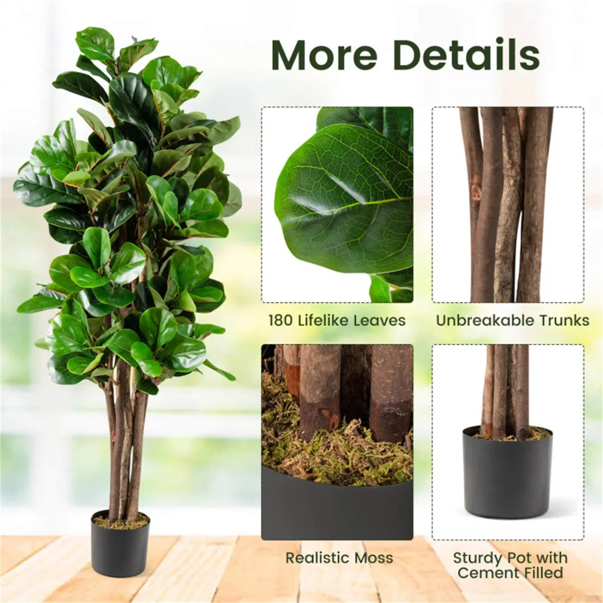 5 Ft Artificial Fiddle Leaf Fig Tree with Black Planter, 180 Green Leaves, Faux Indoor Outdoor Potted Tree