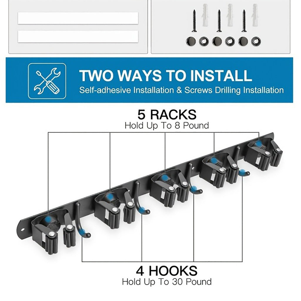 Broom and Mop Holder Wall Mount, Black Stainless Steel Garden Tool Organizer with 5 Slots and 4 Hooks, 17 in