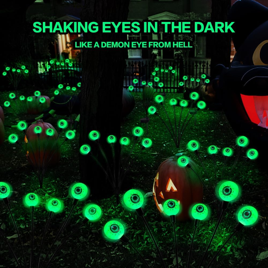 Solar Halloween Eyeball Stake Lights, 2 Pack 12 LED Green Swaying Firefly Yard Lights, Waterproof Outdoor Path Decor