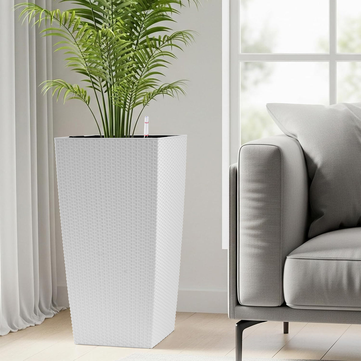 30 In Tall Self-Watering Planter, White Square Polypropylene Plant Pot With Water Level Monitor and Inner Bucket