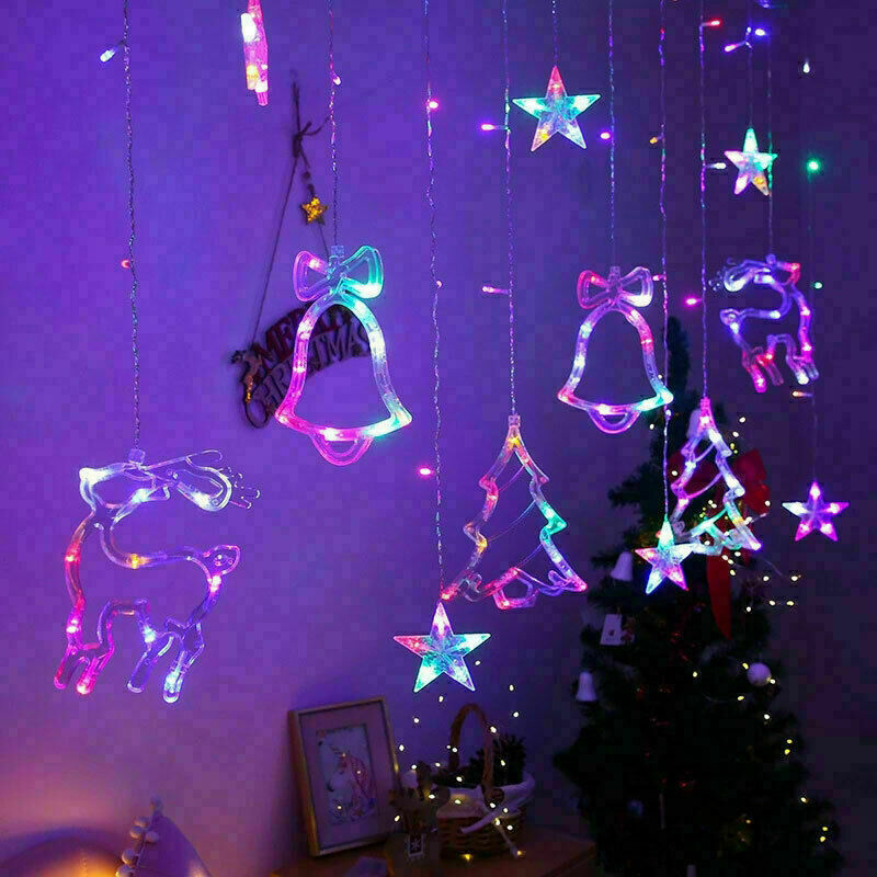 LED Christmas Curtain String Lights, Star Bell Tree and Reindeer Window Fairy Lights, Battery or USB Powered