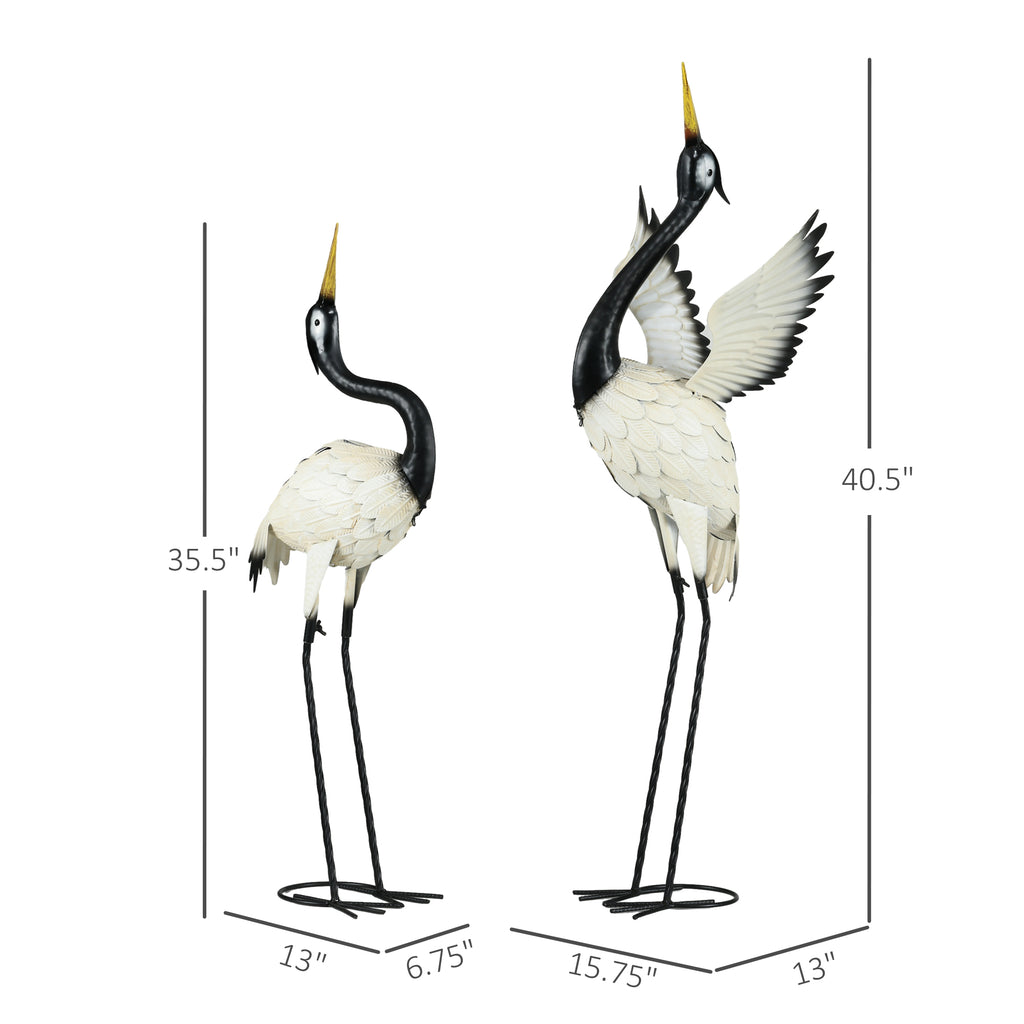 Metal Heron Garden Statues, Set of 2 Standing Crane Yard Sculptures in White and Black, 35.5" and 40.5" Steel Lawn Decor