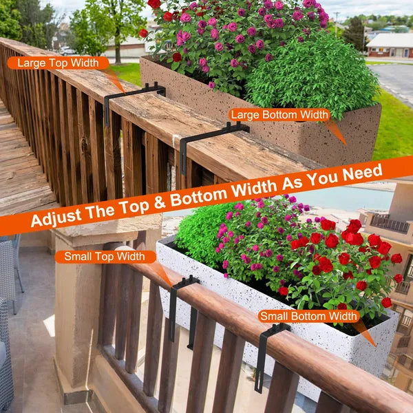 Adjustable Planter Box Brackets, Set of 4 Black Iron Flower Box Holders for Railings, Windowsills, Fences and Balconies
