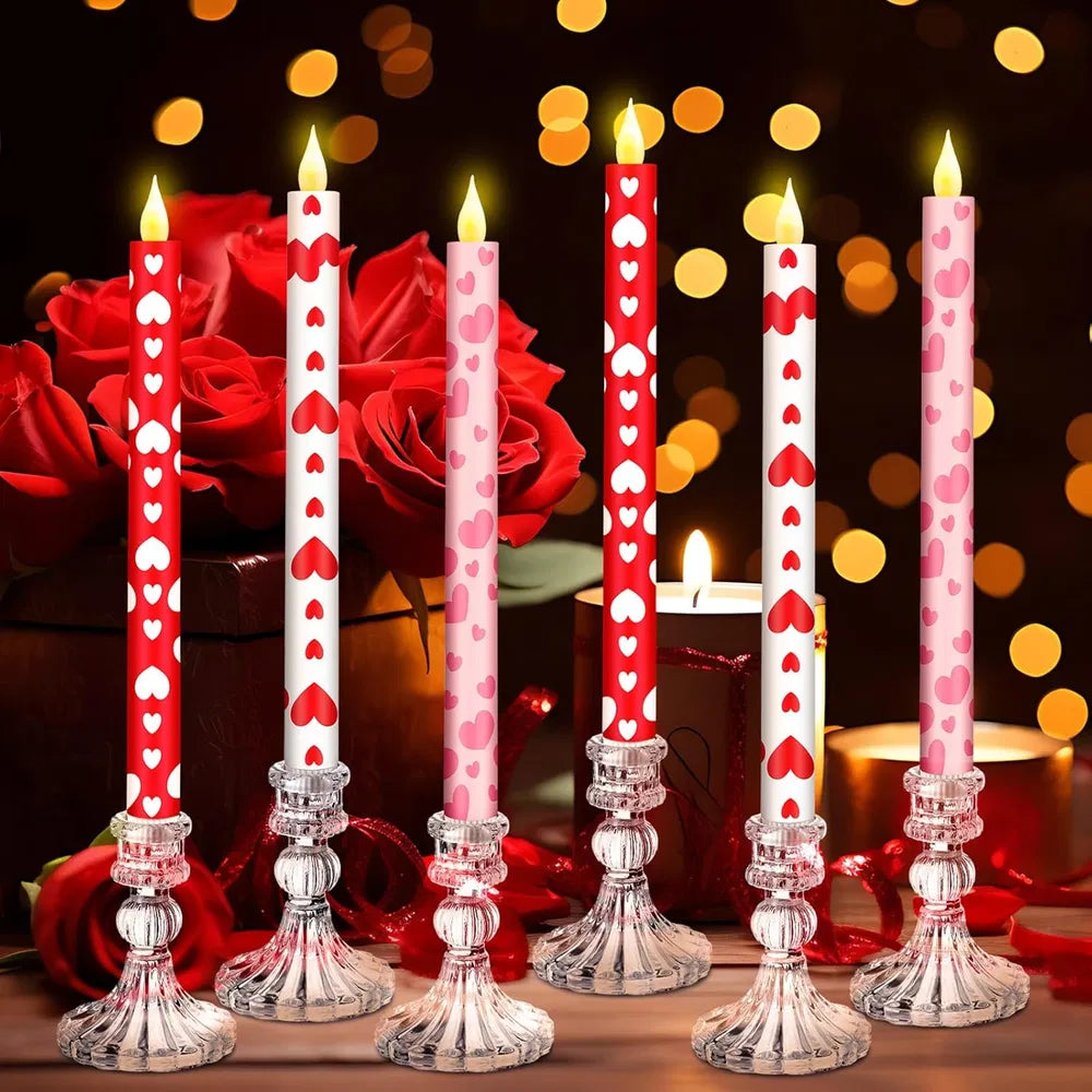 Flameless Taper Candles, Set of 6 Valentine Heart LED Candlesticks in Red, Pink and White, 10.6 Inch Battery Operated Candles