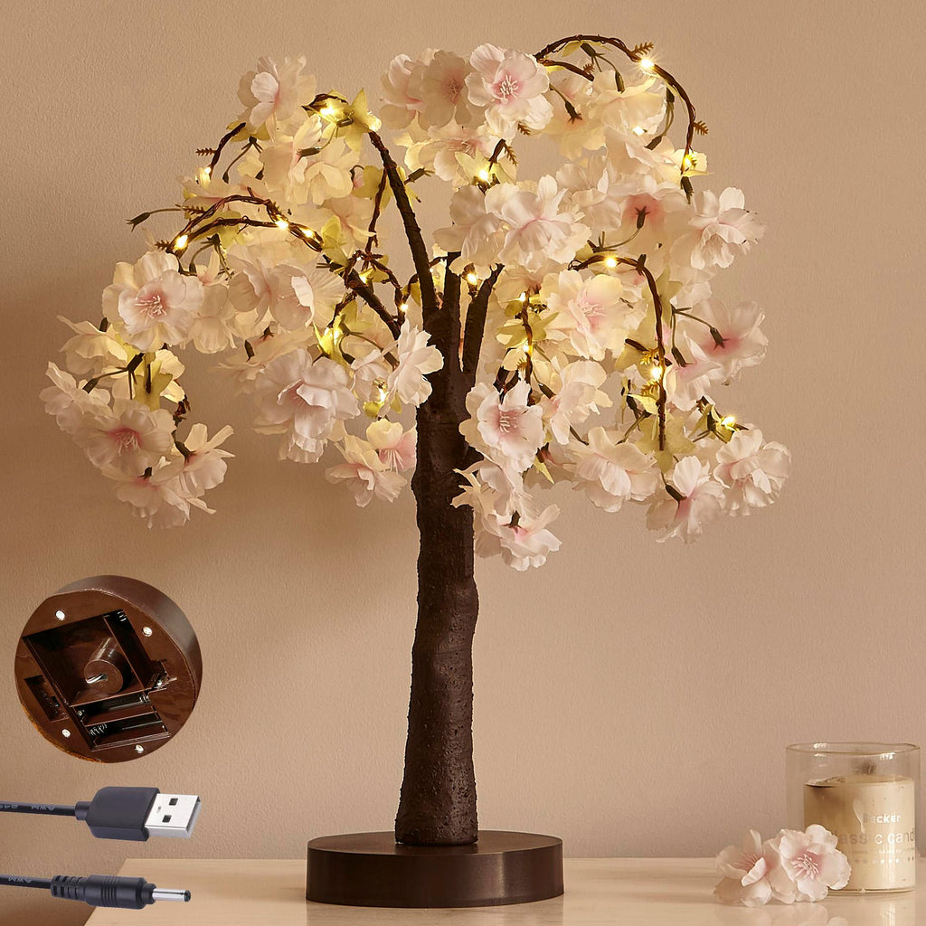 Lighted Cherry Blossom Tree, 18-Inch LED Tabletop Blossom Light with 40 Warm White Lights, Pink or White
