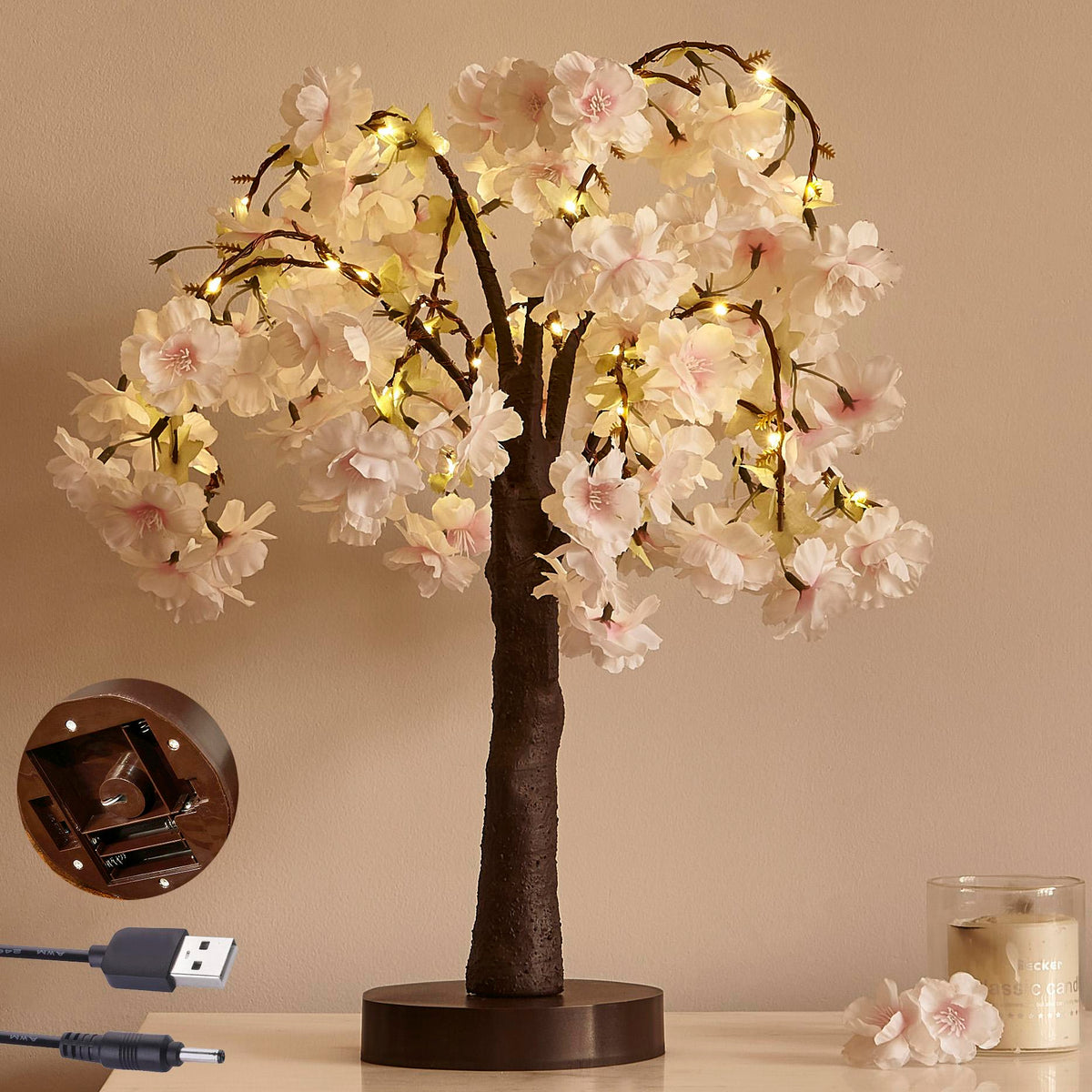 Lighted Cherry Blossom Tree, 18-Inch LED Tabletop Blossom Light with 40 Warm White Lights, Pink or White