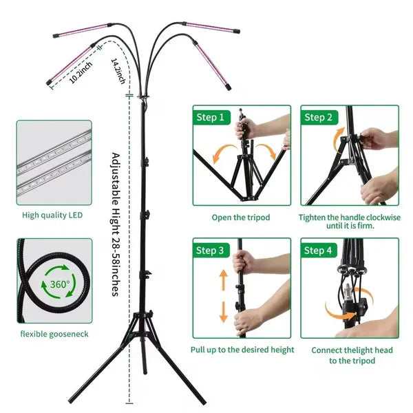 Full Spectrum LED Grow Light With Adjustable Floor Stand, 80 LEDs, 5 Dimming Levels and Auto Timer, Black