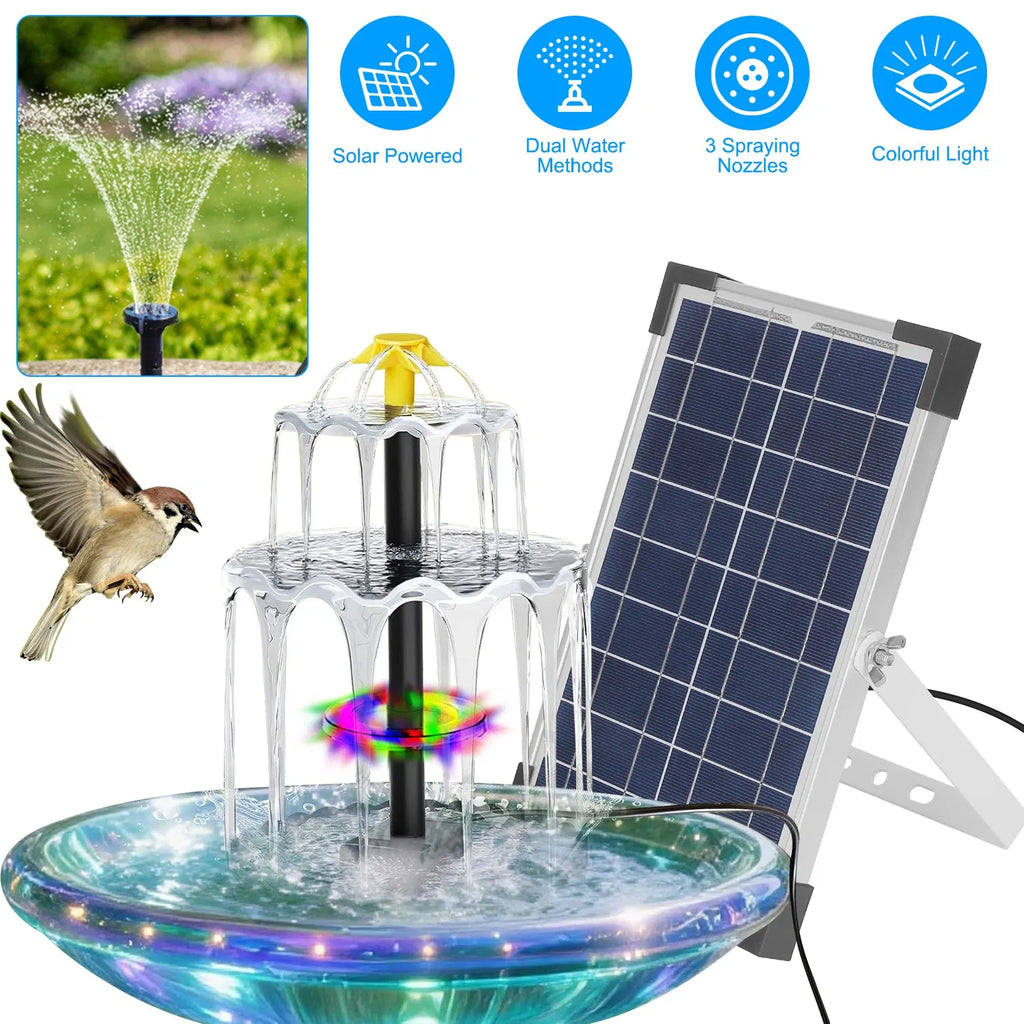 Solar Water Fountain Pump for Bird Bath, 6W Panel With Battery Backup, LED Lights, 3 Nozzles and 2-Tier Trays