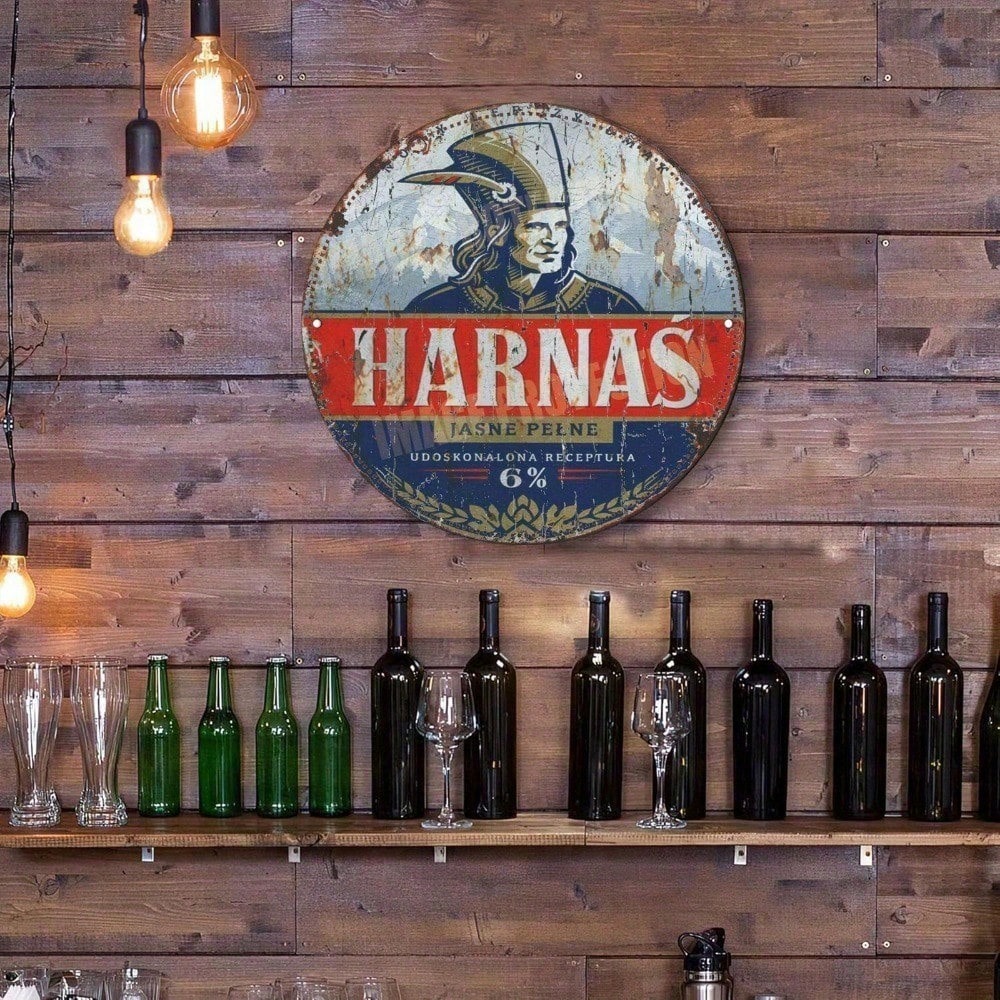 Round Metal Wall Sign, Vintage Distressed Beer Label Art Plaque for Bar, Kitchen, and Man Cave Decor