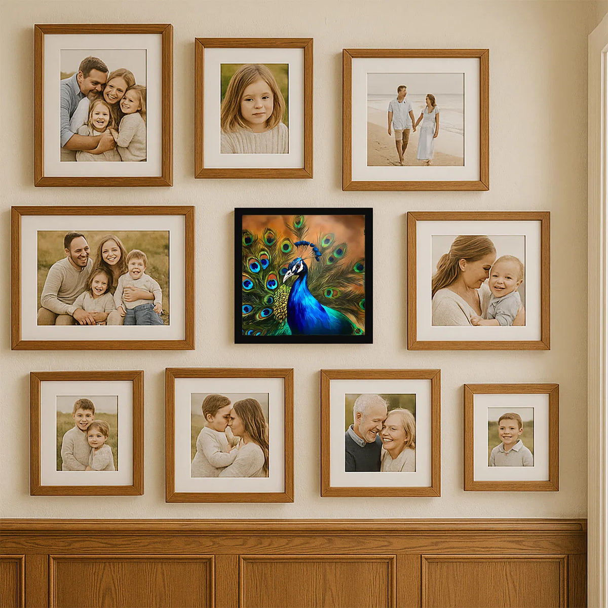 Peacock Framed Metal Wall Art, 8x8 Square Aluminum Print, Black Frame, Ready to Hang Decor