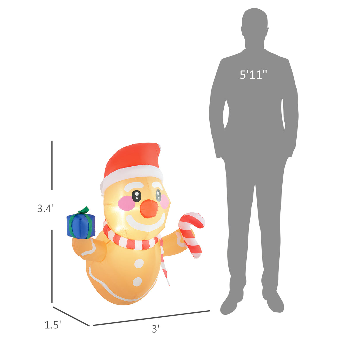 Inflatable Hanging Gingerbread Man Christmas Decoration, 3.4' LED Blow-Up Outdoor Holiday Display With Gift Box and Candy Cane