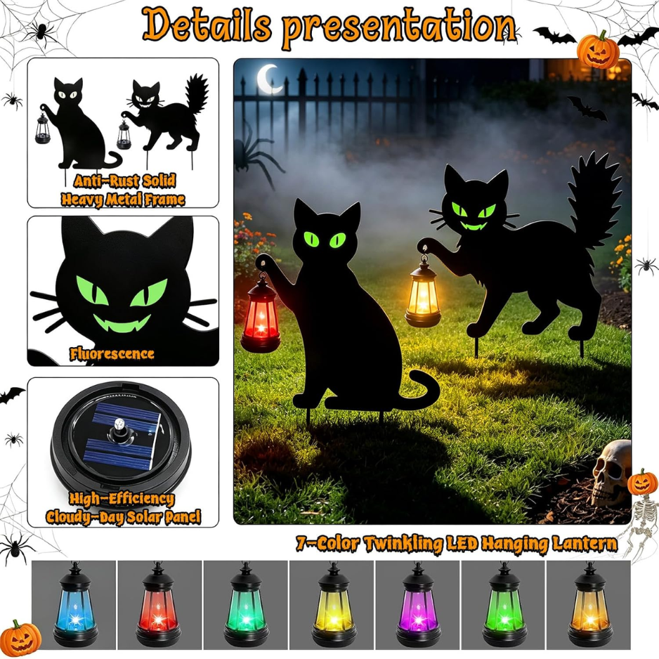 Halloween Black Cat Yard Signs With Hanging LED Lanterns, 2 Piece Metal Garden Stake Set, Glow in the Dark Eyes