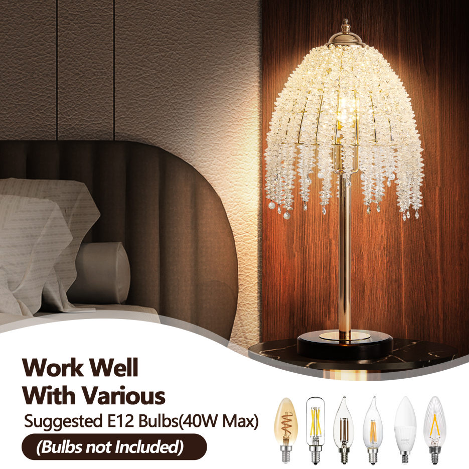Crystal Table Lamp 19" Gold Waterfall Beaded Shade Nightstand Lamp With Marble Textured Base