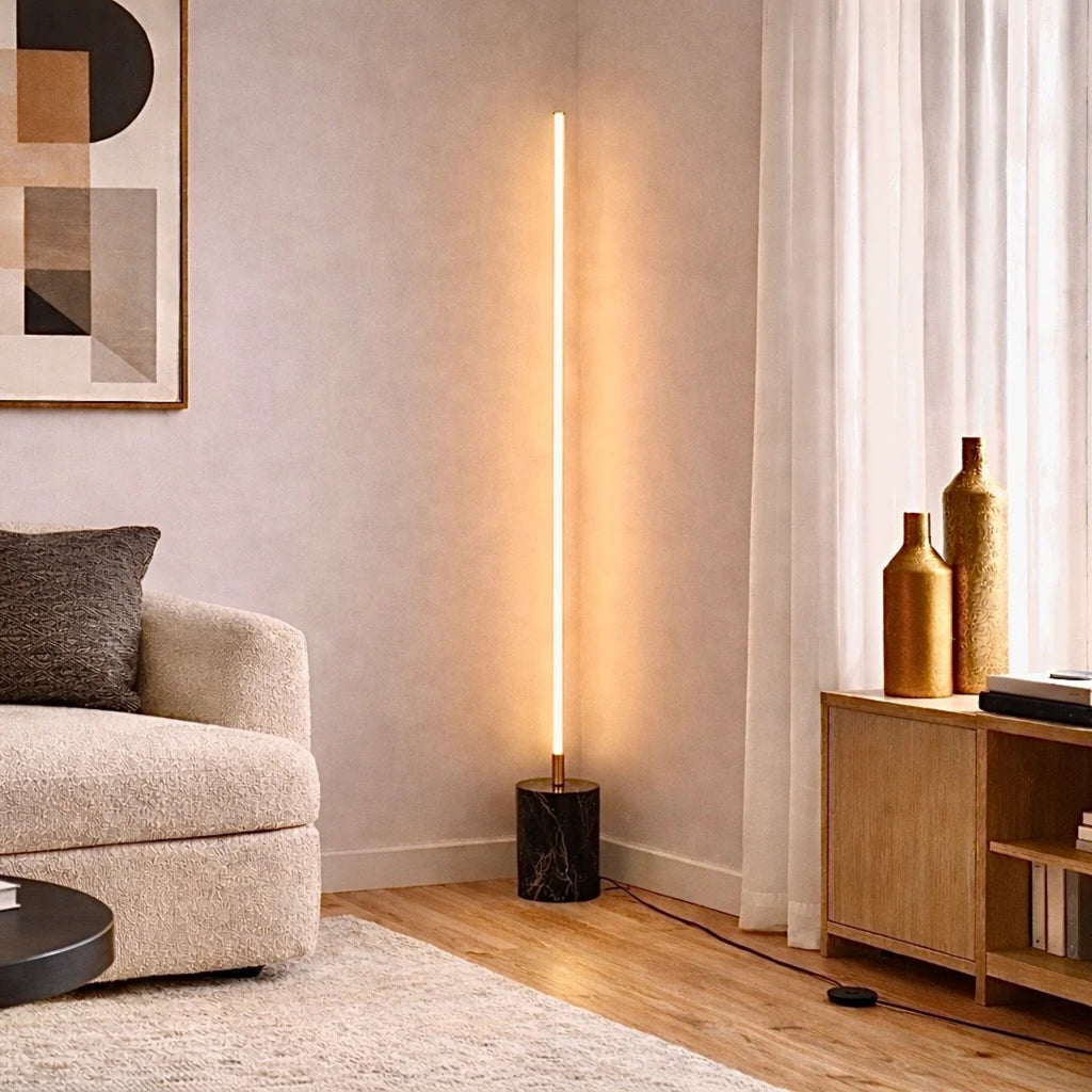 Modern LED Floor Lamp, 64 in. Brass Gold Tube With Faux Marble Base and Cord Switch