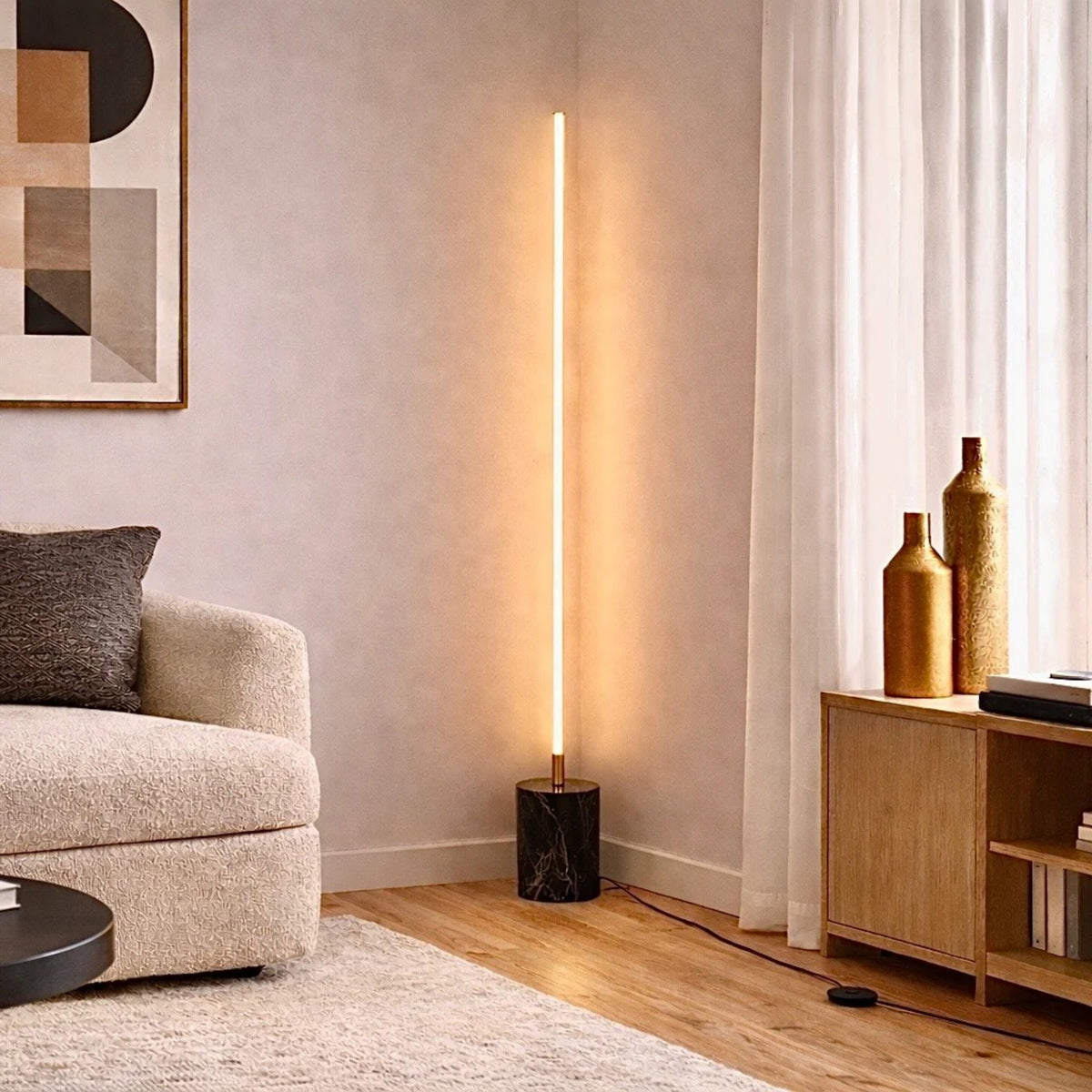 Modern LED Floor Lamp, 64 in. Brass Gold Tube With Faux Marble Base and Cord Switch