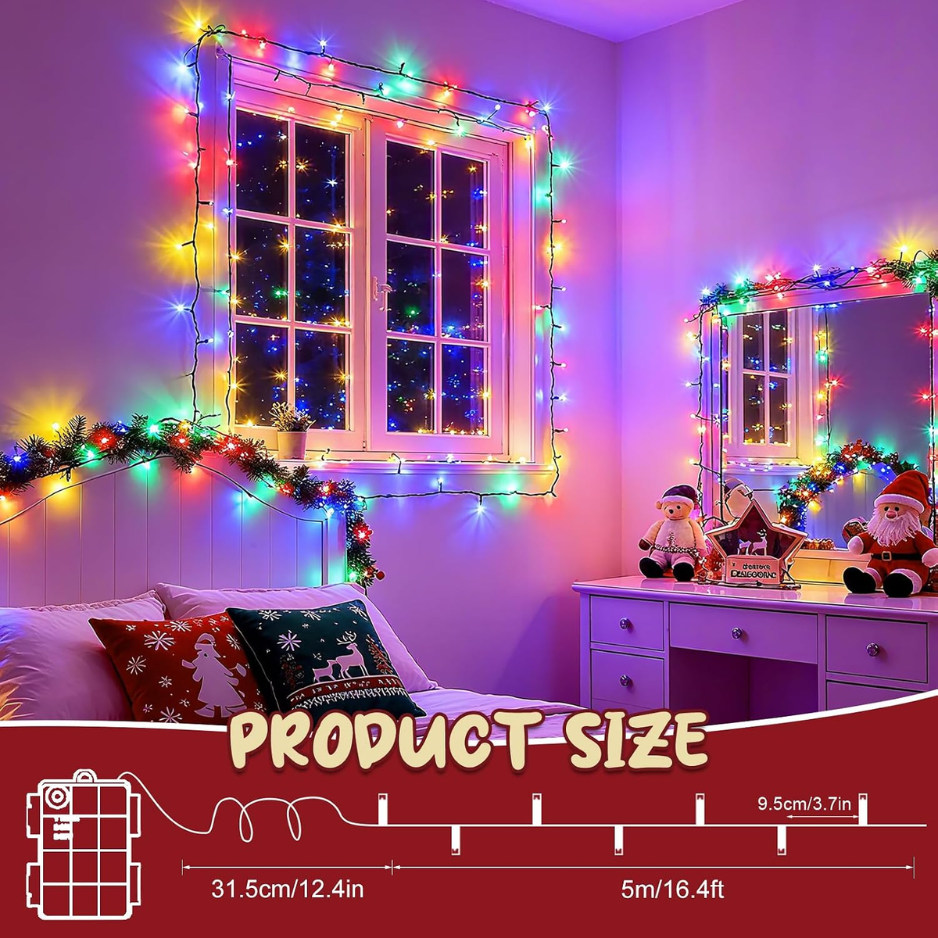 Battery Operated Christmas String Lights, 50 LED Multicolor Waterproof Fairy Lights With Timer, 16.4 ft Green Wire