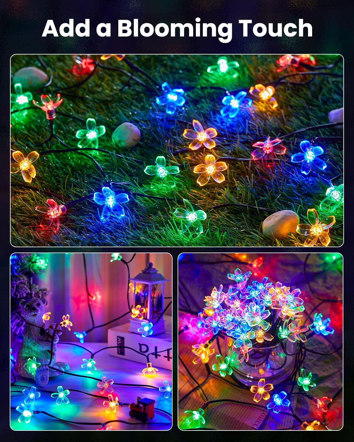 Solar Flower String Lights, 60 LED Cherry Blossom Fairy Lights, 26 Ft Waterproof Multicolor Outdoor Lights for Garden, Patio and Yard