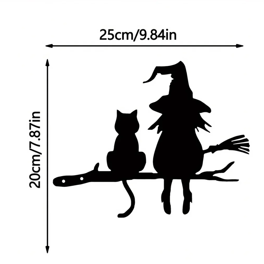 Witch and Cat Metal Silhouette Garden Stake, Black Tree Branch Yard Art Decor
