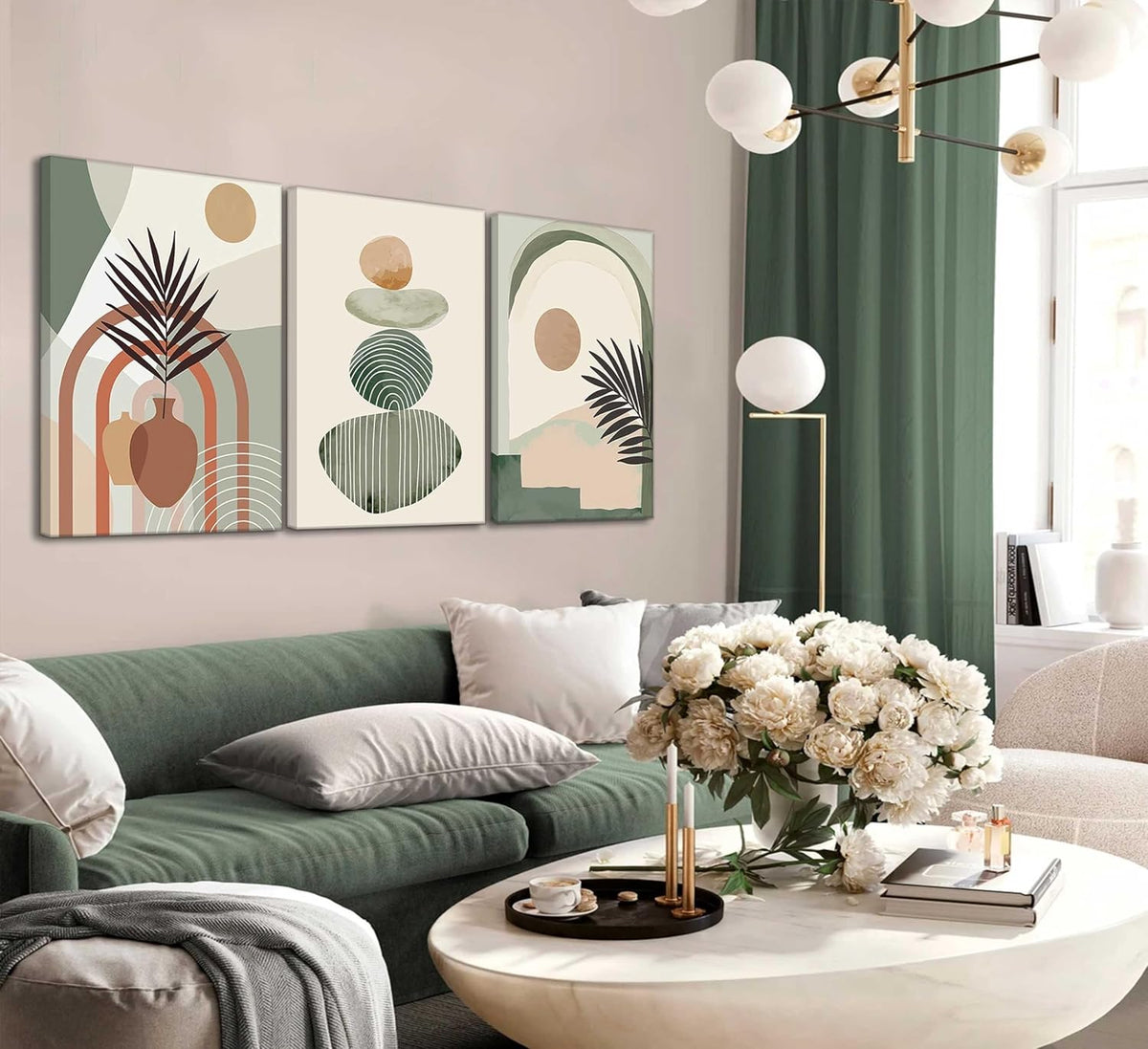 Boho Abstract Canvas Wall Art Set of 3, Framed Sage Green Botanical Prints, 12 x 16 in, Ready to Hang