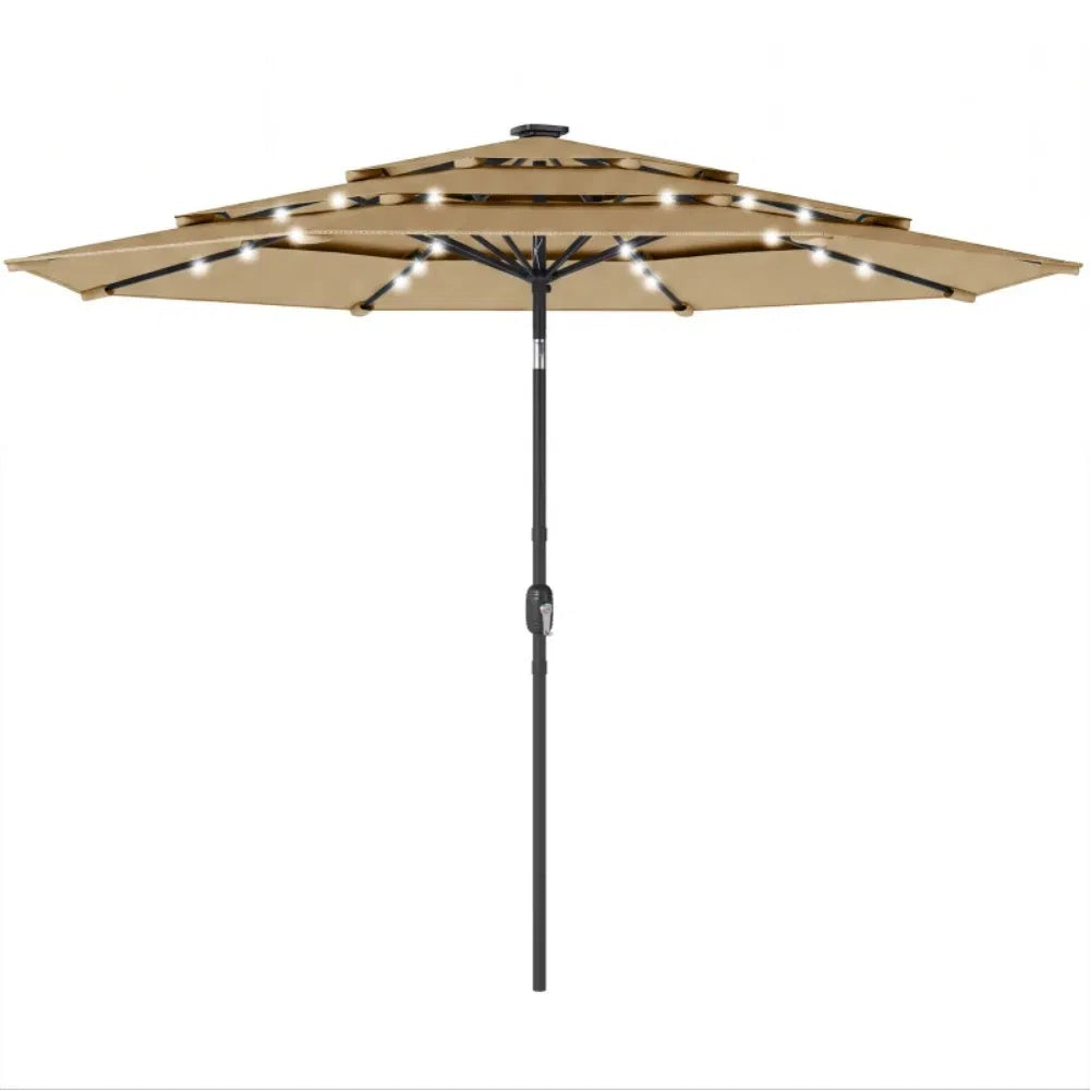 Tan three-tier solar LED patio umbrella