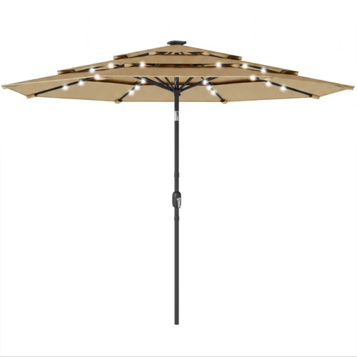 Tan three-tier solar LED patio umbrella