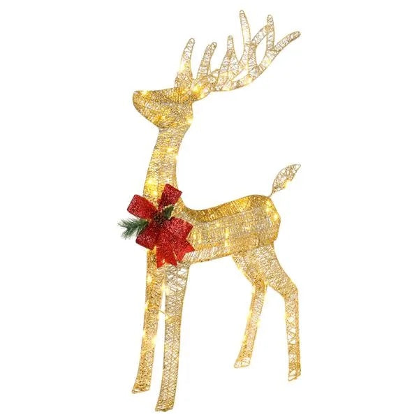 Lighted Christmas Reindeer Outdoor Decoration, 4 Ft Pre-Lit Gold Glitter Deer With 90 Warm White LED Lights, Stakes and Zip Ties
