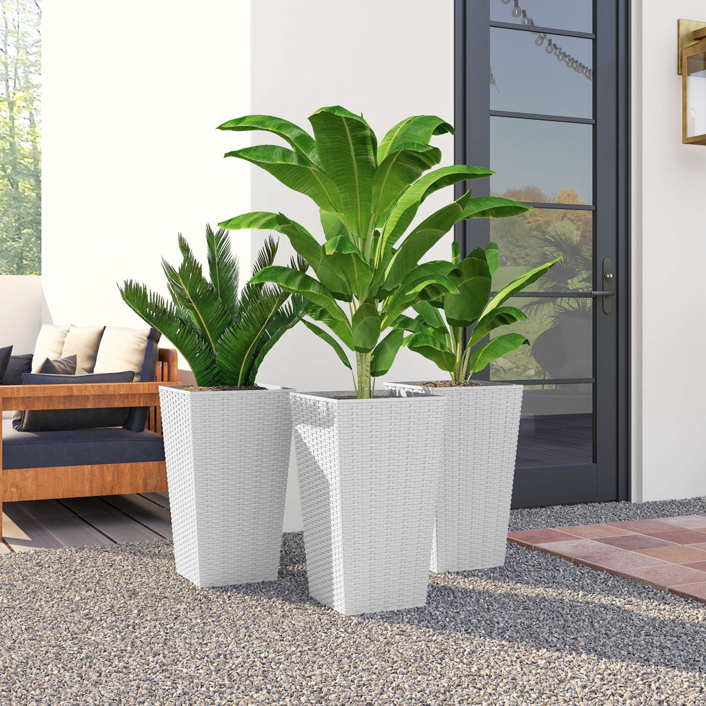 Tall Planters for Outdoor Plants, Set of 3, 24" White Rattan-Style Tapered Plant Pots with Drainage Holes