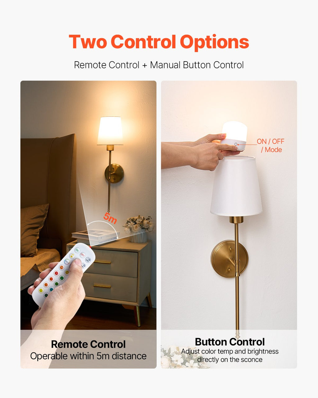 Battery Operated Wall Sconce Set of 2, Gold Wireless Wall Lights With Remote Control and White Shades