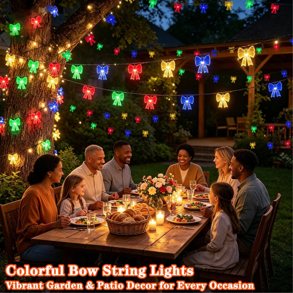 Solar Bow String Lights, 50 LED Multicolor Christmas Fairy Lights, 30.68 ft Waterproof Outdoor Garden Decor with 8 Modes