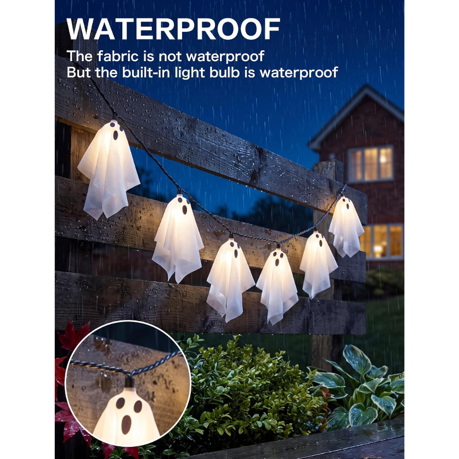 Halloween Ghost String Lights, 8.5 Ft Plug-In Strand With 10 Warm White LED Fabric Ghosts, Connectable Indoor and Covered Outdoor Decor