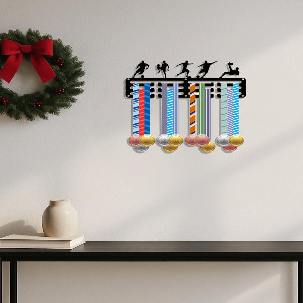 Soccer Medal Hanger Display Rack, Black Metal Wall-Mounted Sports Medal Holder with Player Silhouettes