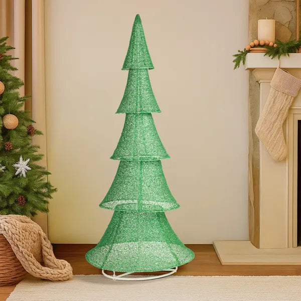 6 Ft Pre-Lit Pull Up Christmas Tree, 200 Warm White LED Lights, Green Glitter Fabric Indoor Outdoor Yard Decoration