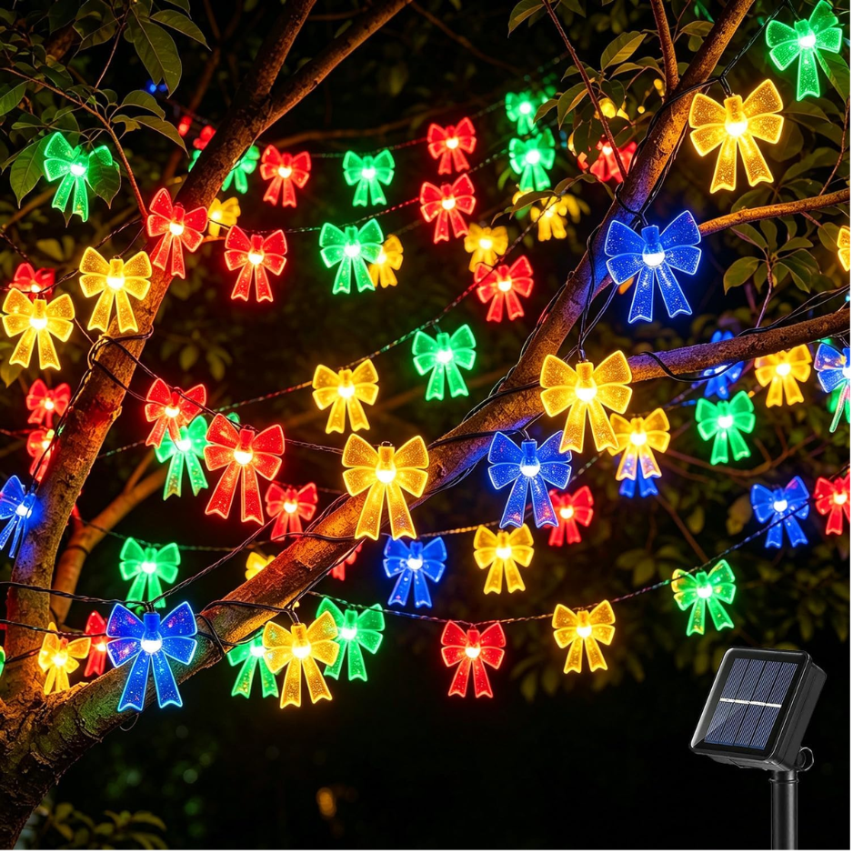 Solar Bow String Lights, 50 LED Multicolor Christmas Fairy Lights, 30.68 ft Waterproof Outdoor Garden Decor with 8 Modes