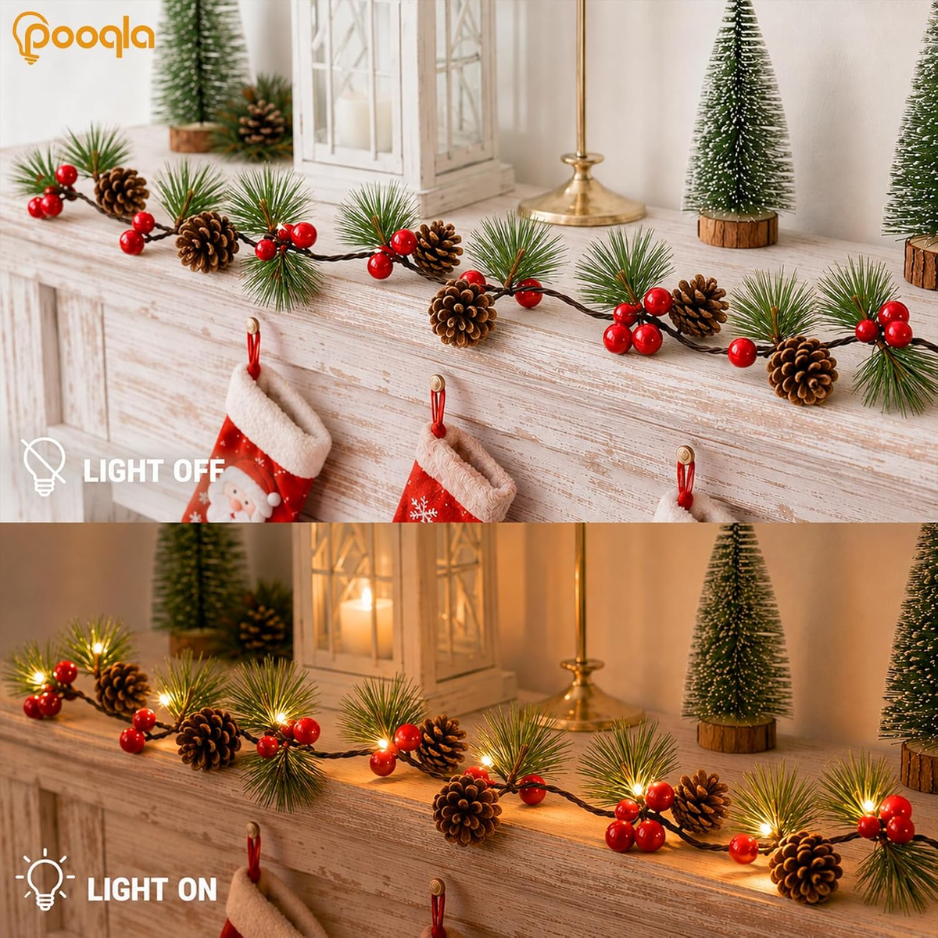 Pine Cone Christmas String Lights, 20 Warm White LED Battery Operated Garland With Red Berries, 6.6 Ft