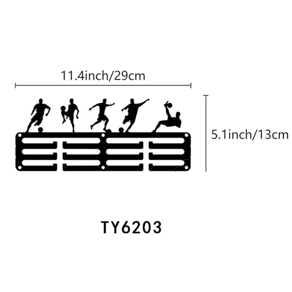 Soccer Medal Hanger Display Rack, Black Metal Wall-Mounted Sports Medal Holder with Player Silhouettes