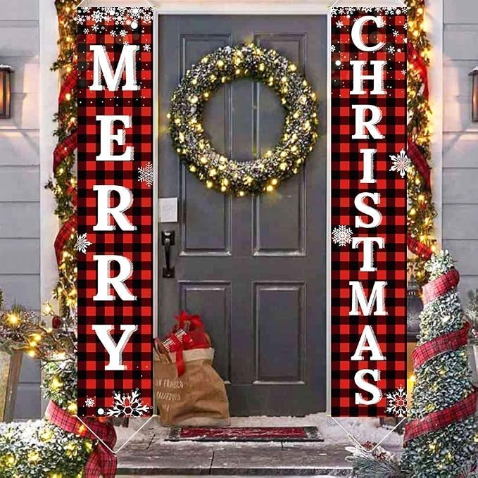 Merry Christmas Porch Sign Set, 2 Red and Black Buffalo Plaid Snowflake Door Banners, 71" x 13" Hanging Yard Decor