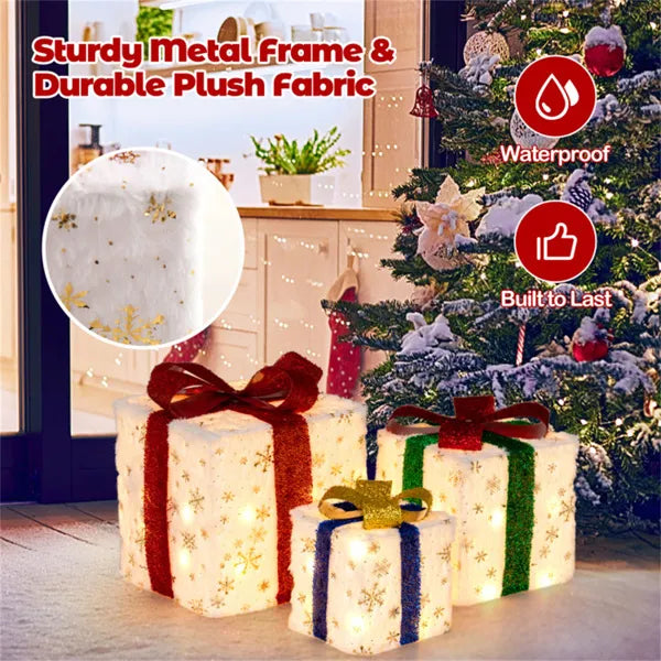 Lighted Christmas Gift Boxes, Set of 3 Battery-Operated Snowflake Present Decorations With 48 Warm White Lights and Glitter Bows