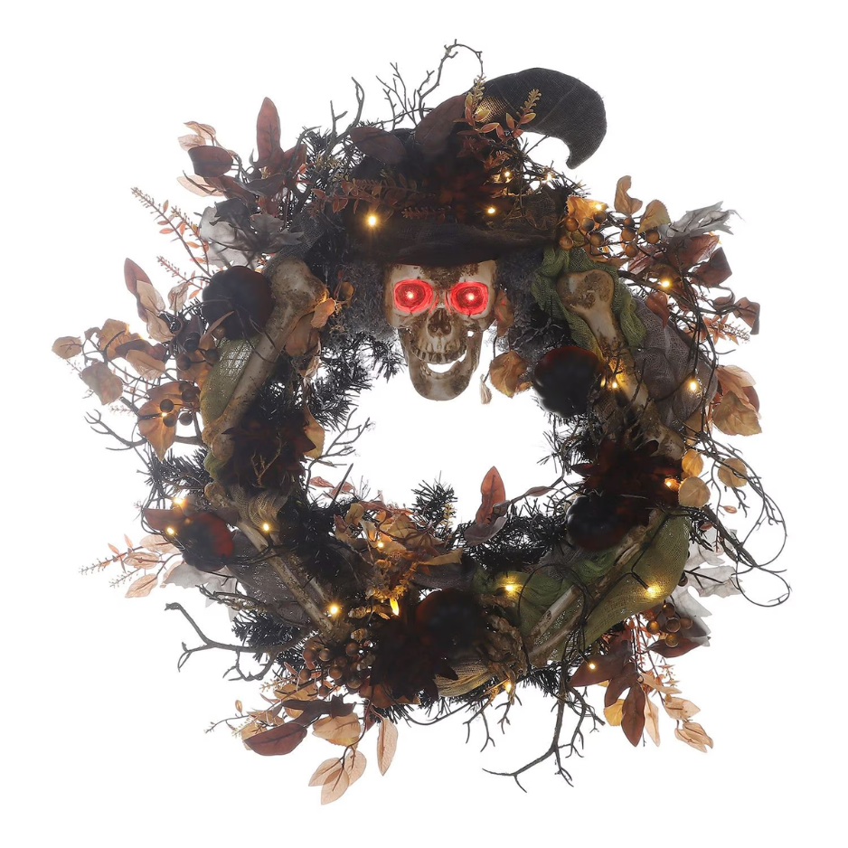 Prelit Skeleton Halloween Wreath With Red LED Eyes, Witch Hat, Warm White Lights and Timer, Fall Foliage Door Decor