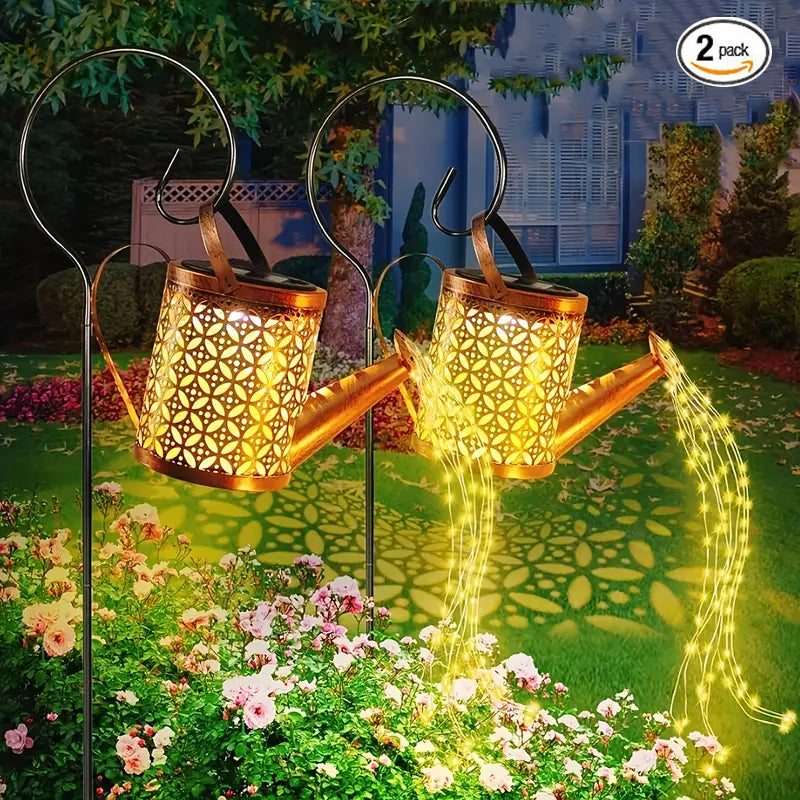 Solar Watering Can Lights With Cascading String Lights, 2 Pack Metal Garden Stake Lanterns