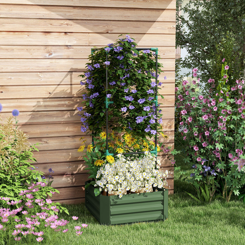 Galvanized Raised Garden Bed With Tomato Cage Trellis, 24" x 24" x 55" Green Metal Planter Box for Climbing Vines