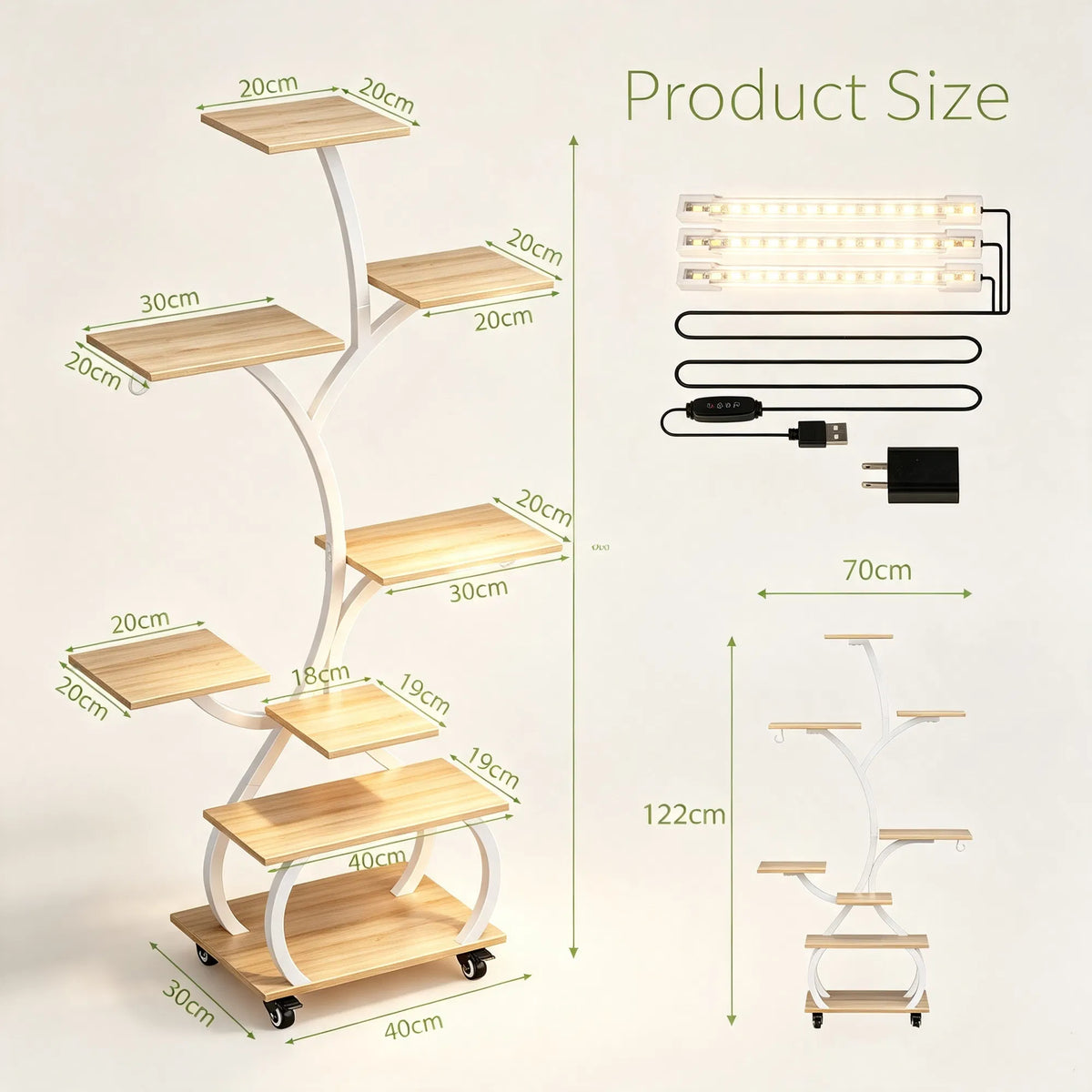Tree Shaped Plant Stand with Full Spectrum LED Grow Light, White Metal 8-Tier Indoor Plant Shelf with Lockable Wheels, 48 Inches
