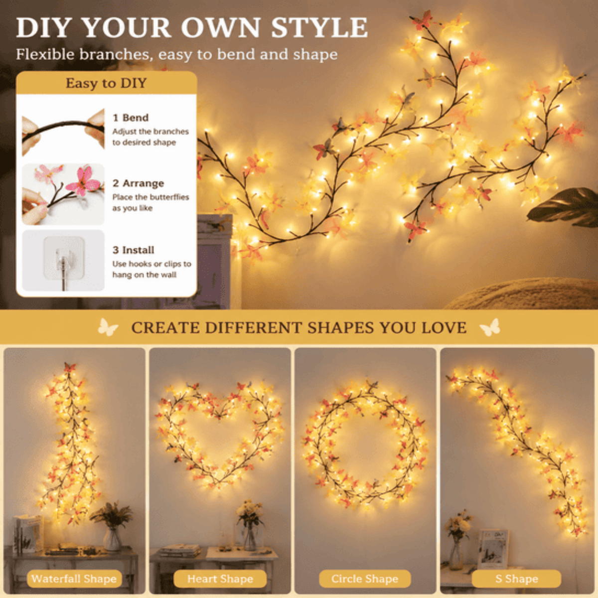 Butterfly Vine Wall Lights, 144 LED Lighted Willow Branch Garland With Remote, Bendable Indoor Fairy Light Decor for Bedroom and Living Room