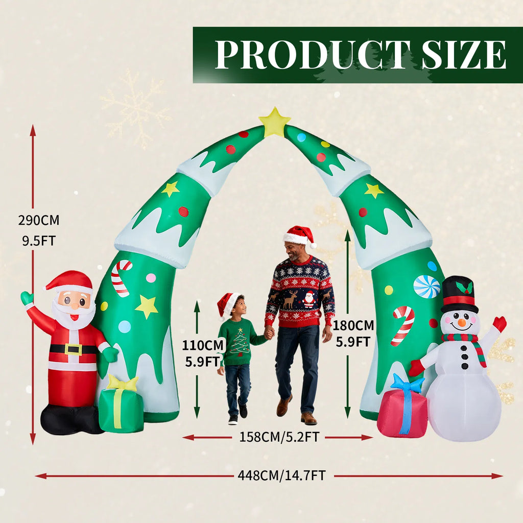 15 Ft Lighted Christmas Inflatable Archway With Santa and Snowman, Blow Up Christmas Tree Arch Yard Decoration