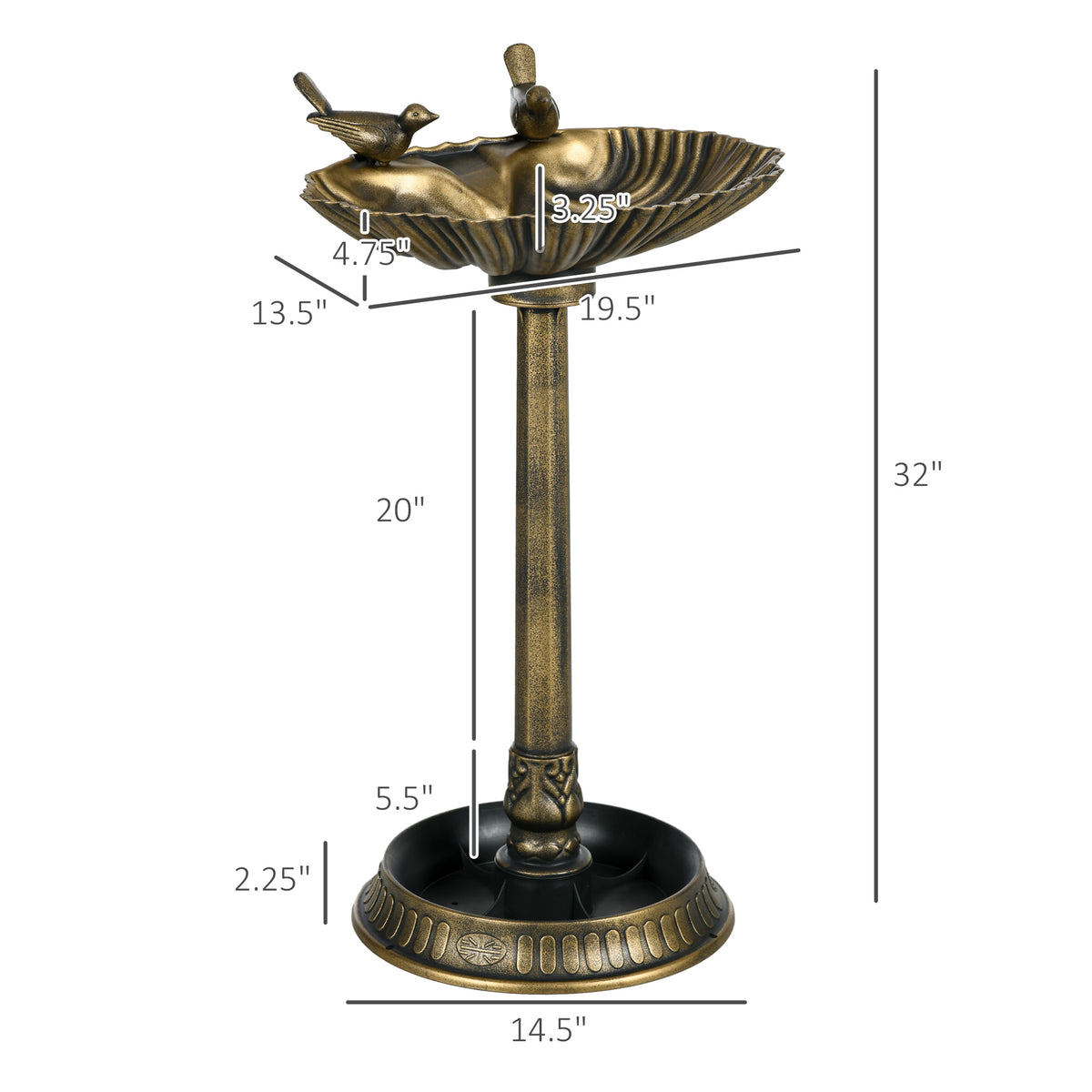 32" Antique Bird Bath with Pedestal, Two Basins and Bird Statues, Bronze Garden Birdbath Feeder