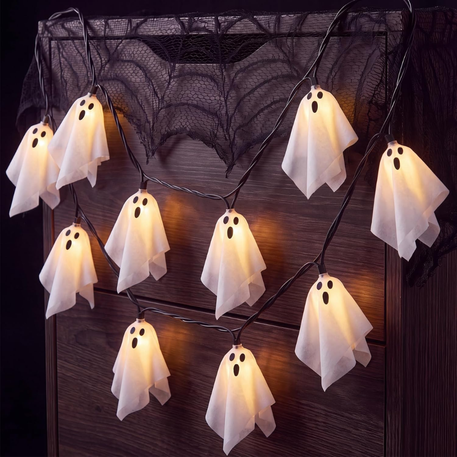 Halloween Ghost String Lights, 8.5 Ft Plug-In Strand With 10 Warm White LED Fabric Ghosts, Connectable Indoor and Covered Outdoor Decor
