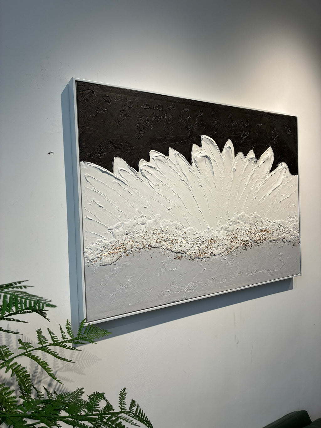 Framed Abstract Wall Art 28x40 In, Black and White Textured Canvas Painting with Grey and Gold Accents