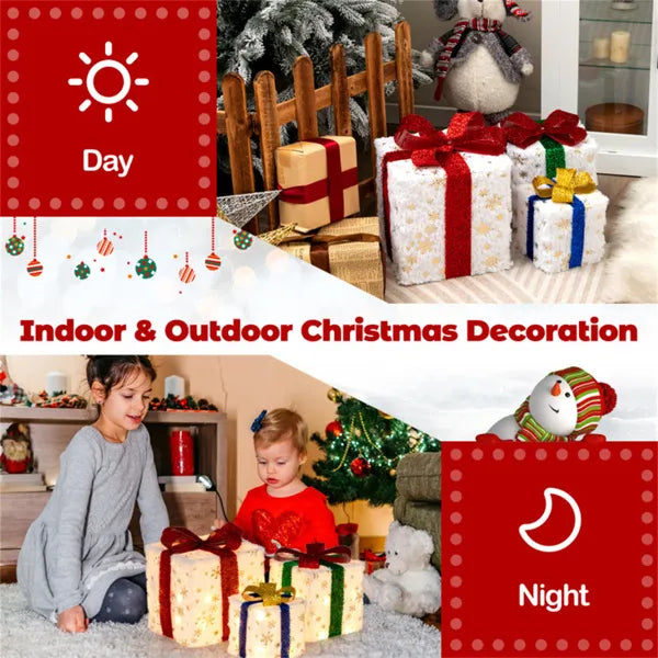 Lighted Christmas Gift Boxes, Set of 3 Battery-Operated Snowflake Present Decorations With 48 Warm White Lights and Glitter Bows