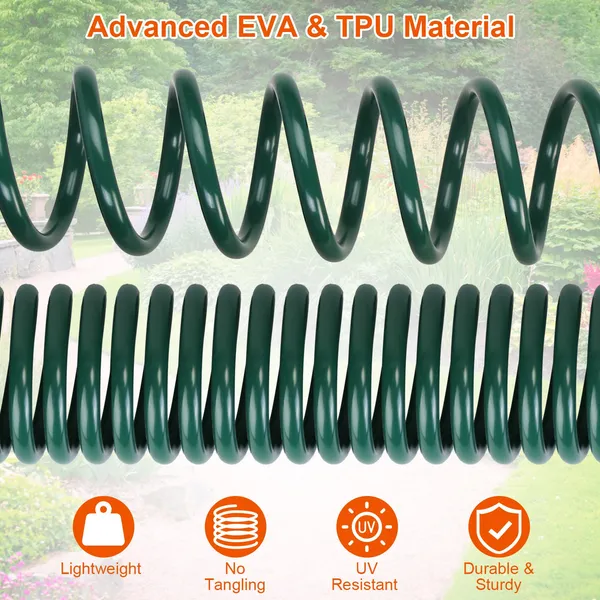 Coiled Garden Hose With 7-Pattern Spray Nozzle, 65.6 ft Self-Coiling Green Water Hose With Faucet Adapter