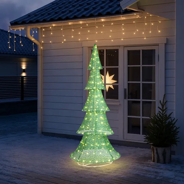 6 Ft Pre-Lit Pull Up Christmas Tree, 200 Warm White LED Lights, Green Glitter Fabric Indoor Outdoor Yard Decoration