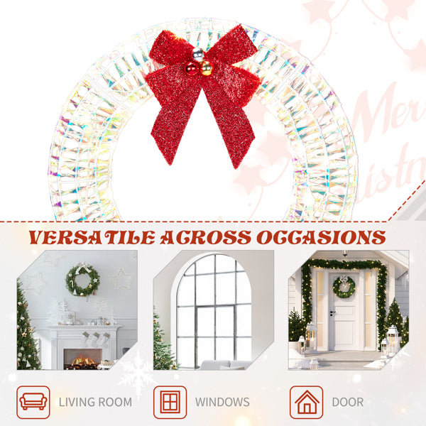 24 in Pre-Lit Christmas Wreath, Iridescent Metal Frame With Red Bow and 84 Warm White LED Lights, Indoor Outdoor Door Decor
